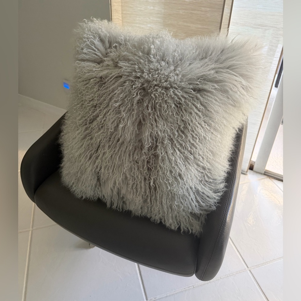 Z Gallerie 22” Silver-Gray Curly Mongolian Fur Accent Pillow